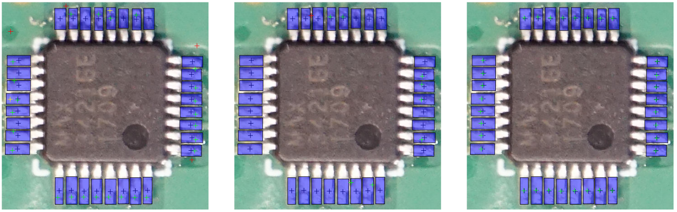 Comparison of the differnt approaches for IC pin detection: Computer Vision pipeline (left), SSD (middle), Faster R-CNN (right).