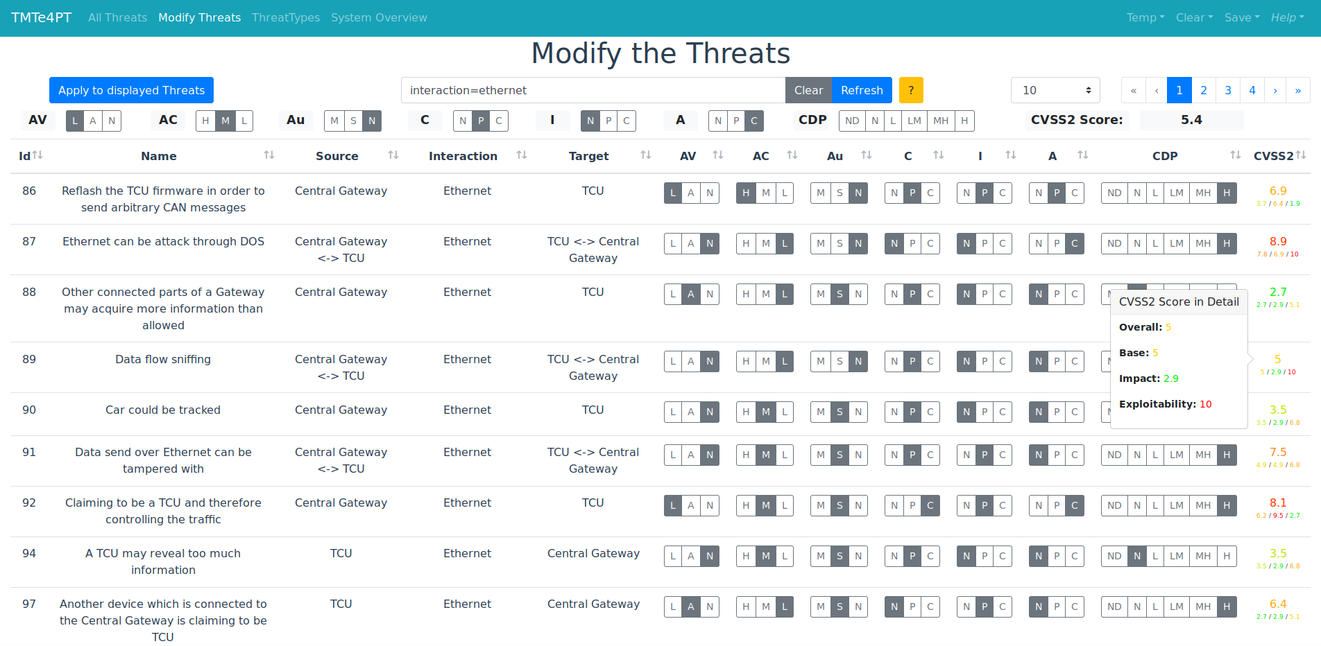 Image of the Modify the Threats Tab of the TMTe4PT tool.