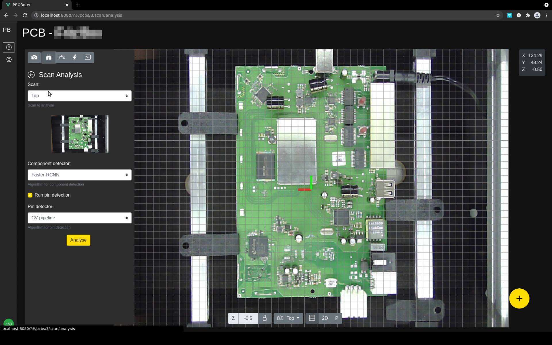 Example of the intregation of specialized analysis functionality in the web UI, like in this case automated PCB image analysis.