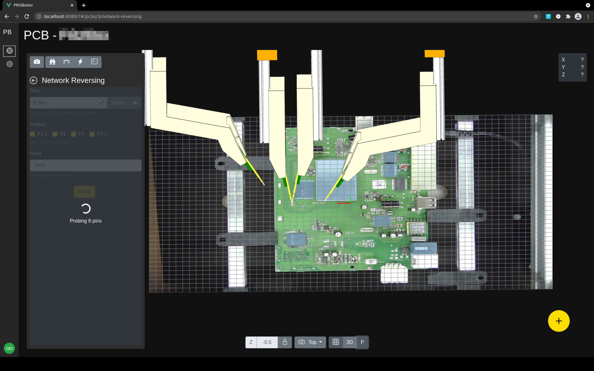 PCB editor showing a live 3D rendering of the PROBoter hardware during automated probing.