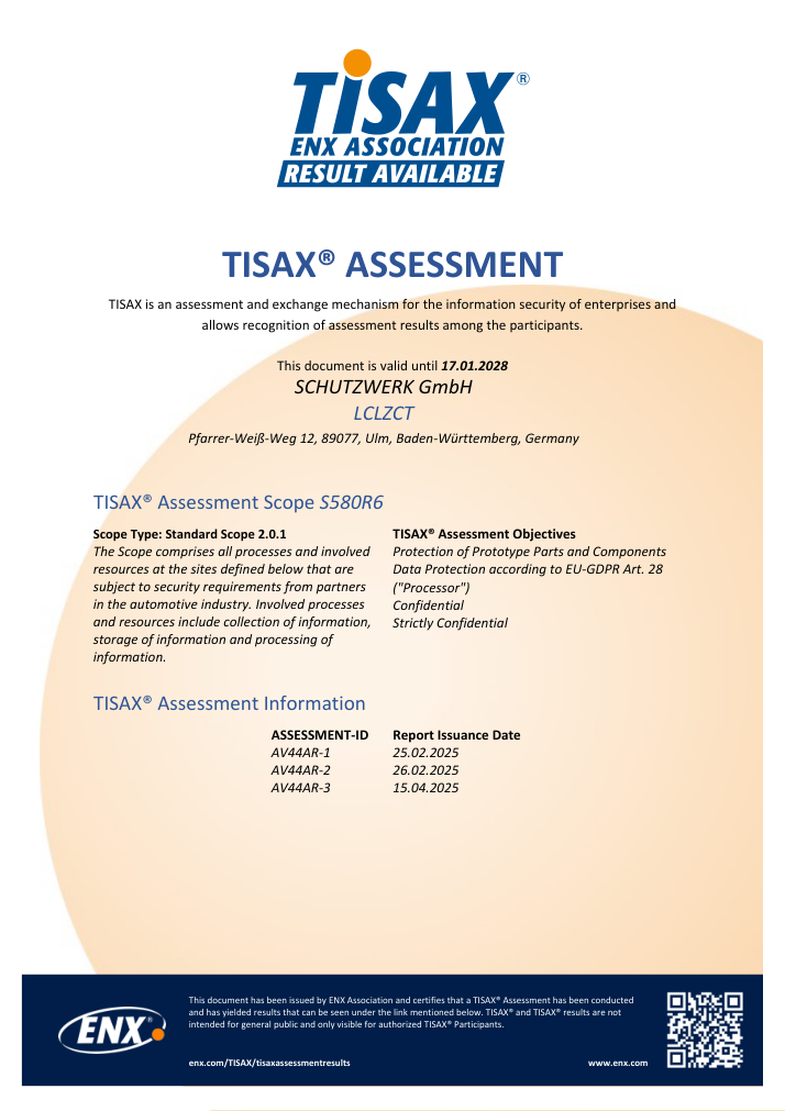 Preview of the SCHUTZWERK GmbH TISAX assessment document (Scope ID S580R6)